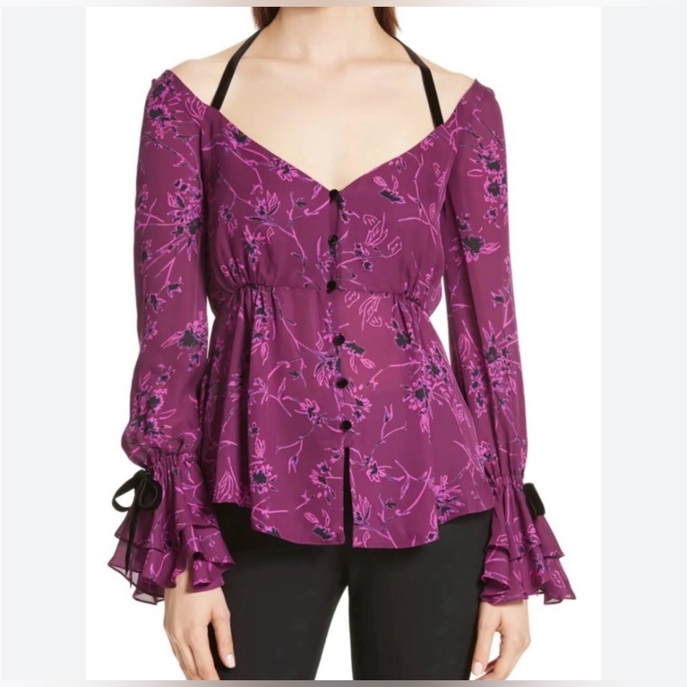Cinq a Sept Mabel Floral Print Silk Top In Raspberry Multi - Picture 2 of 9